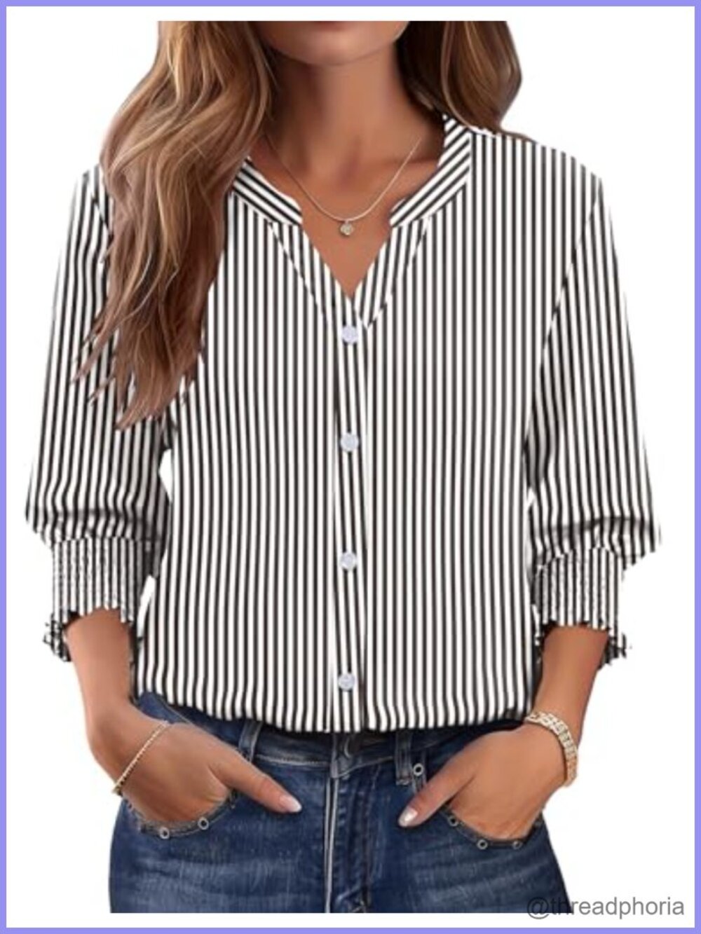 Women's 3/4 Sleeve Button Down Blouse Smocked Cuff Business Casual Top